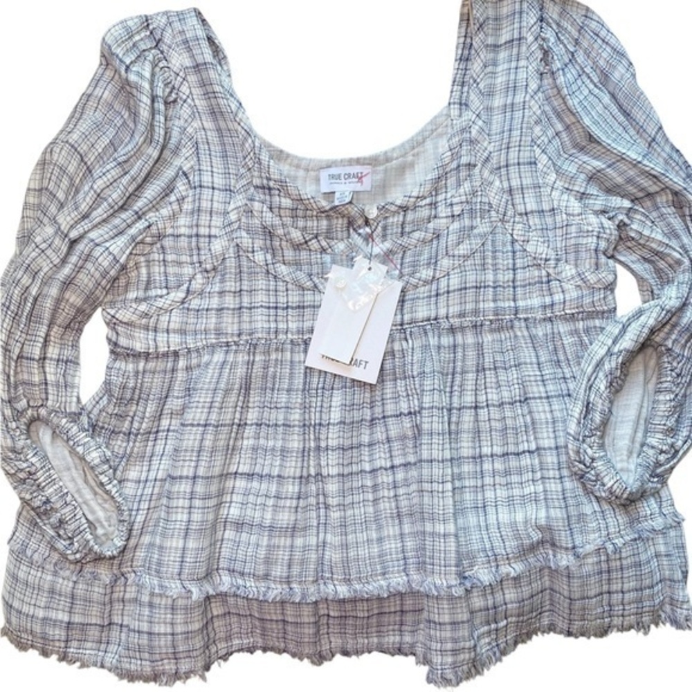 True Craft Blue and White Smocked Ruffled Blouse